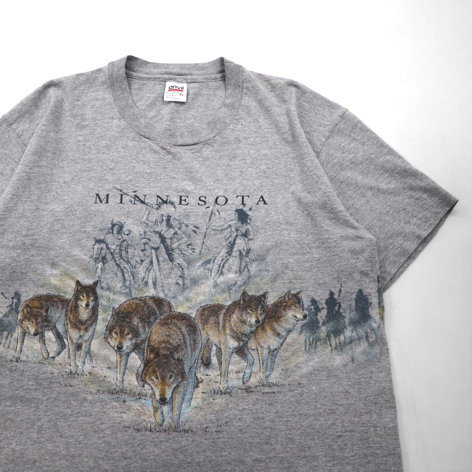 T-shirt Anvil anni '90, made in USA, cucitura singola, XL, grigia, MINNESOTA, stampa animale fronte-retro, lupo