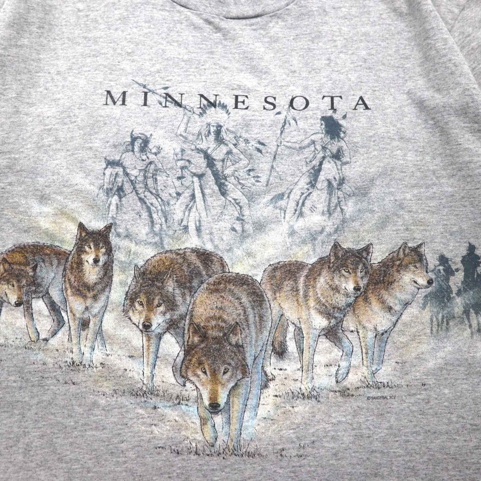 T-shirt Anvil anni '90, made in USA, cucitura singola, XL, grigia, MINNESOTA, stampa animale fronte-retro, lupo