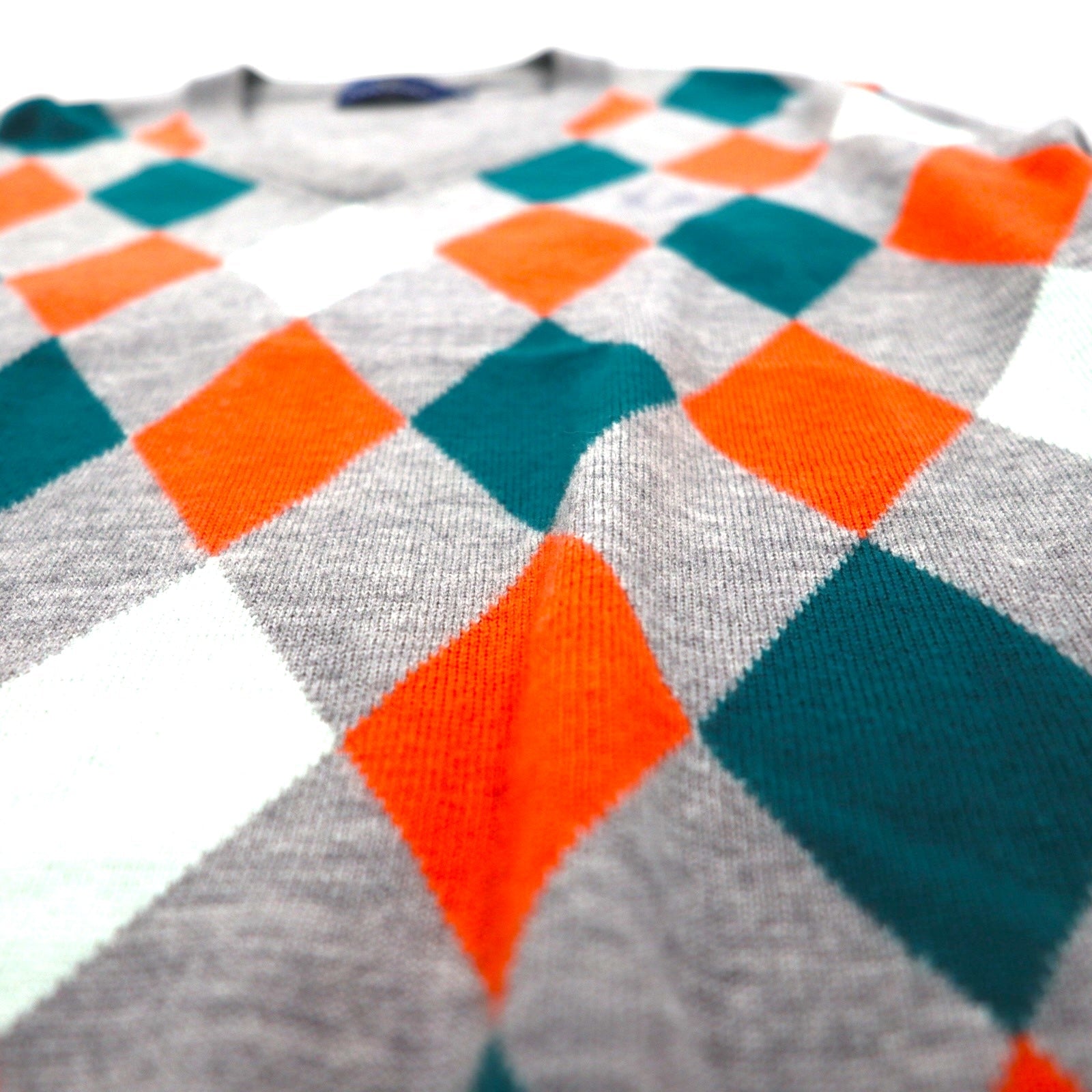 FRED PERRY アーガイル柄 Vネック ニット セーター M グレー ウール ワンポイントロゴ刺繡 F3004