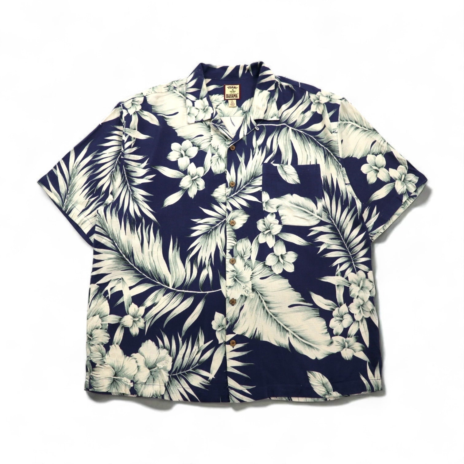 TOMMY BAHAMA Camicia hawaiana in seta con colletto aperto, motivo ibisco, taglia XL, blu navy
