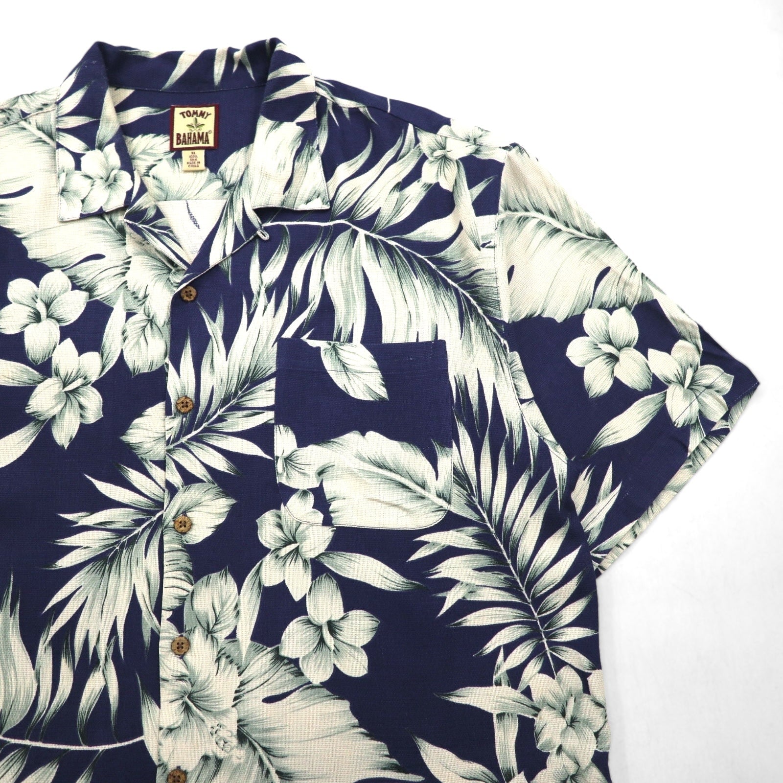 TOMMY BAHAMA Camicia hawaiana in seta con colletto aperto, motivo ibisco, taglia XL, blu navy