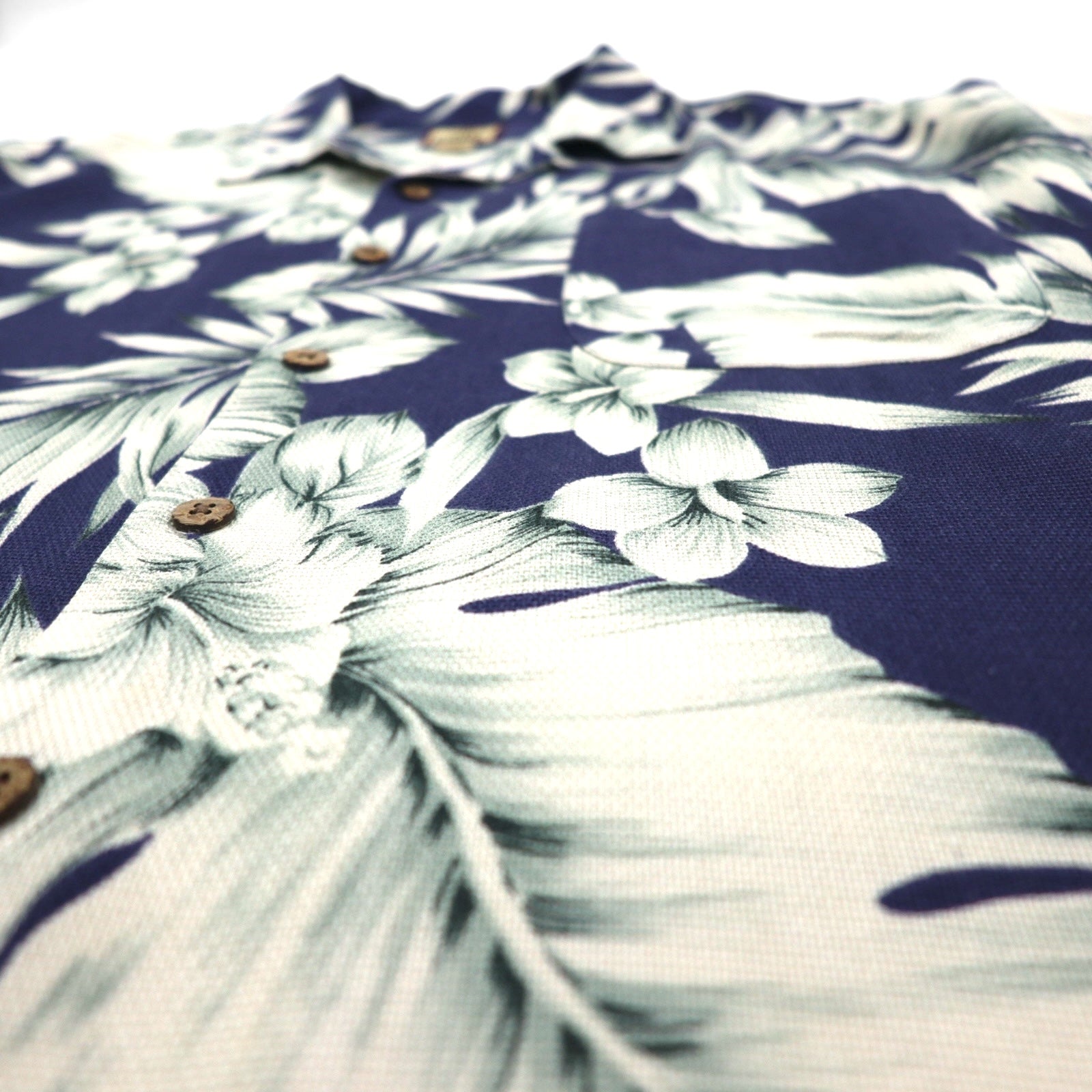 TOMMY BAHAMA Camicia hawaiana in seta con colletto aperto, motivo ibisco, taglia XL, blu navy