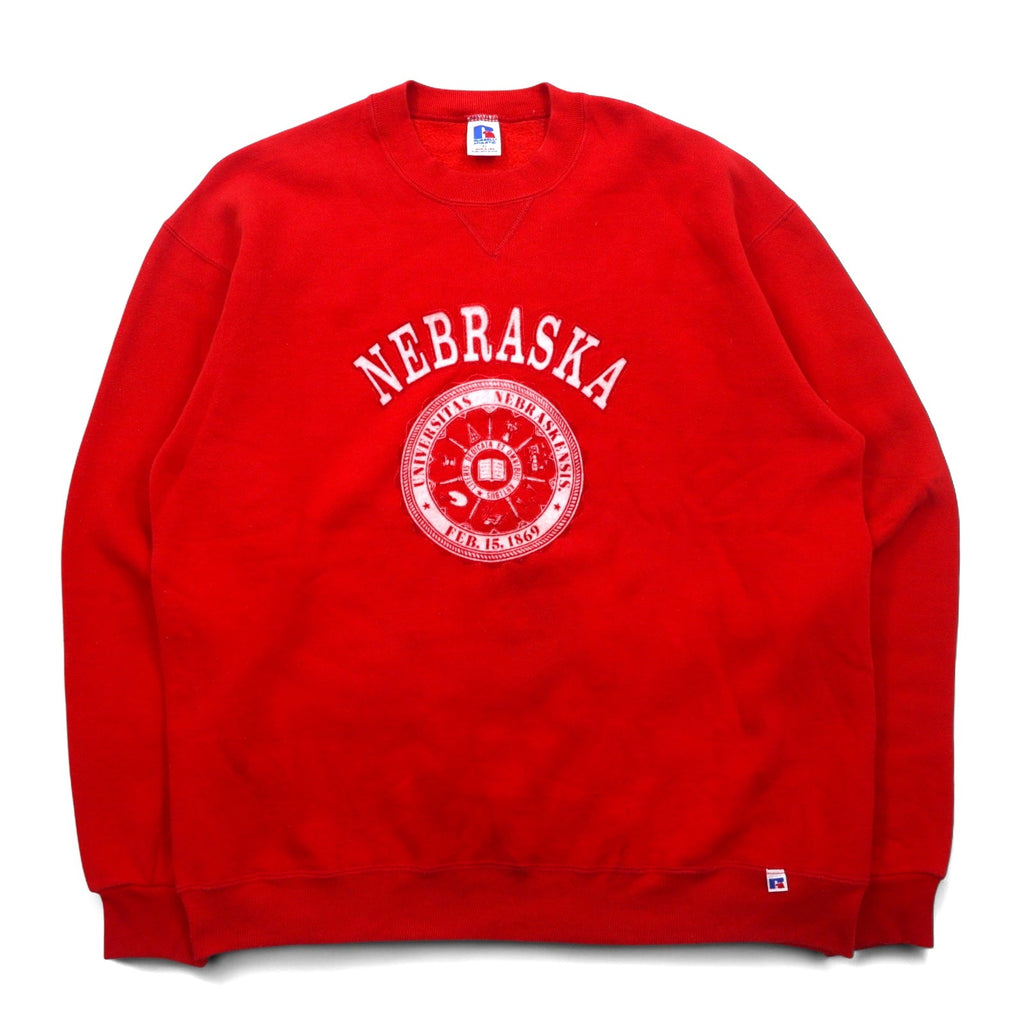 Maglietta di cotone RUSSELL ATHLETIC, anni '90, made in USA, stampa universitaria, taglia XL, rossa, felpata NEBRASKA