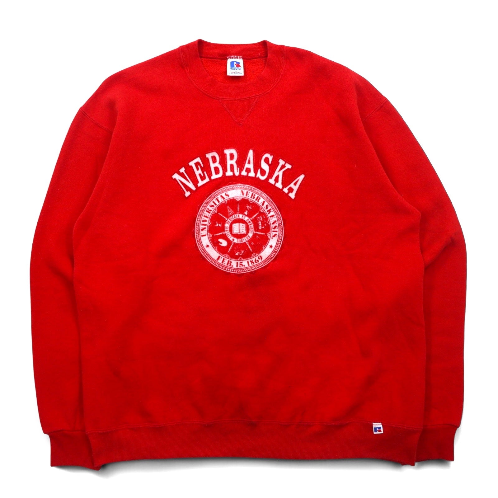 Maglietta di cotone RUSSELL ATHLETIC, anni '90, made in USA, stampa universitaria, taglia XL, rossa, felpata NEBRASKA