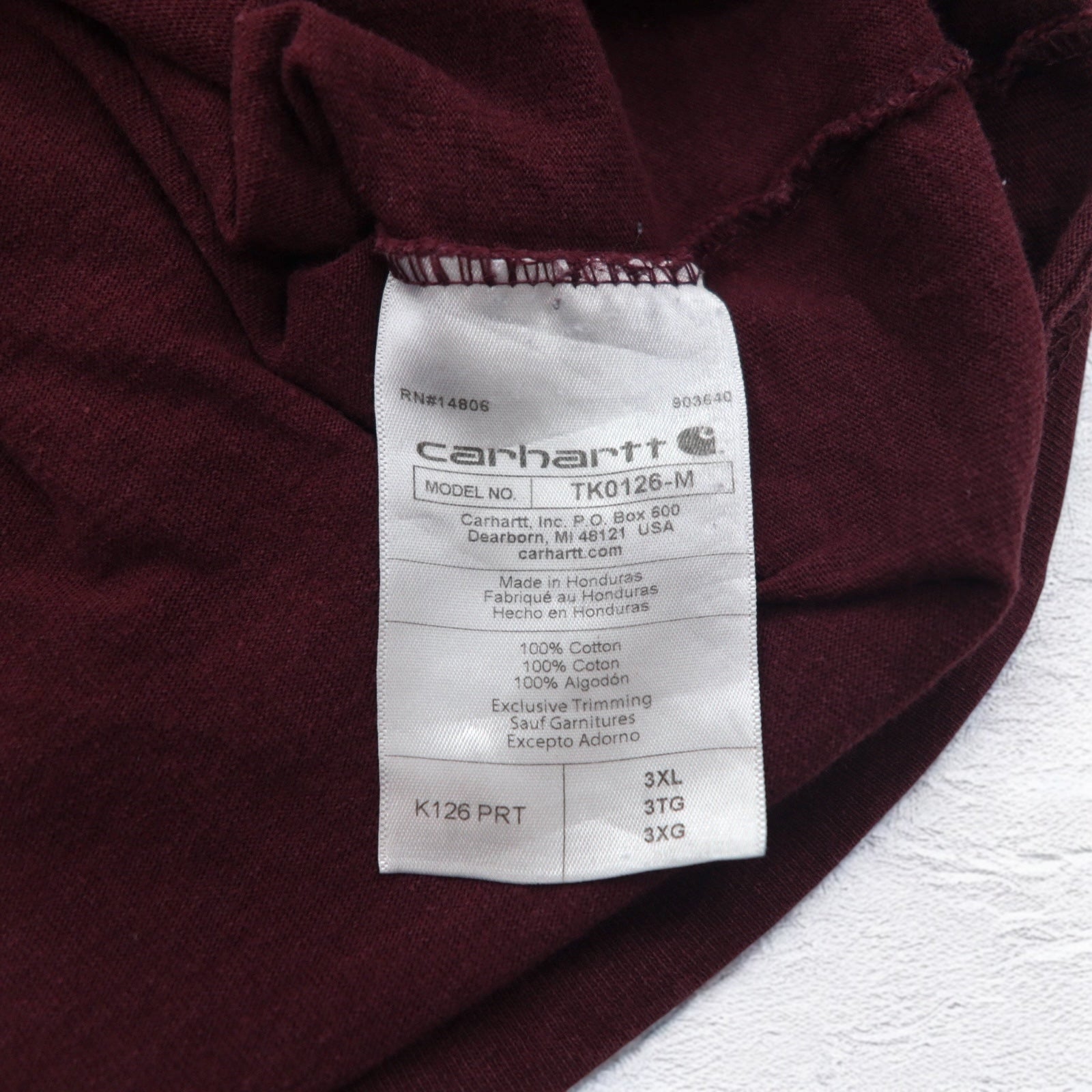 Carhartt T-shirt a maniche lunghe con taschino, taglia 3XL, bordeaux, oversize, battaglia dell'Honduras