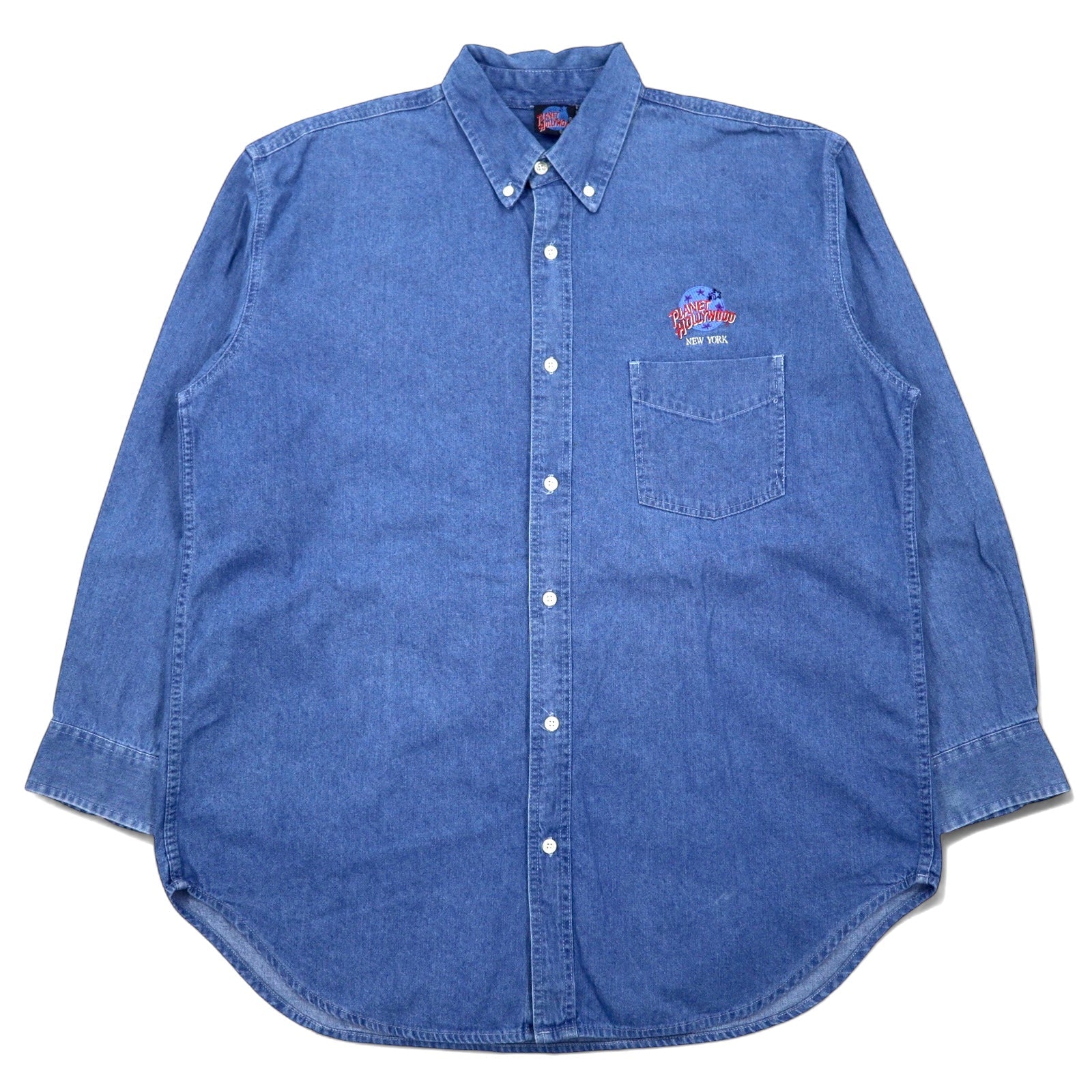 Camicia in denim PLANET HOLLYWOOD anni '90, XL, blu, cotone, abbottonata, con logo ricamato