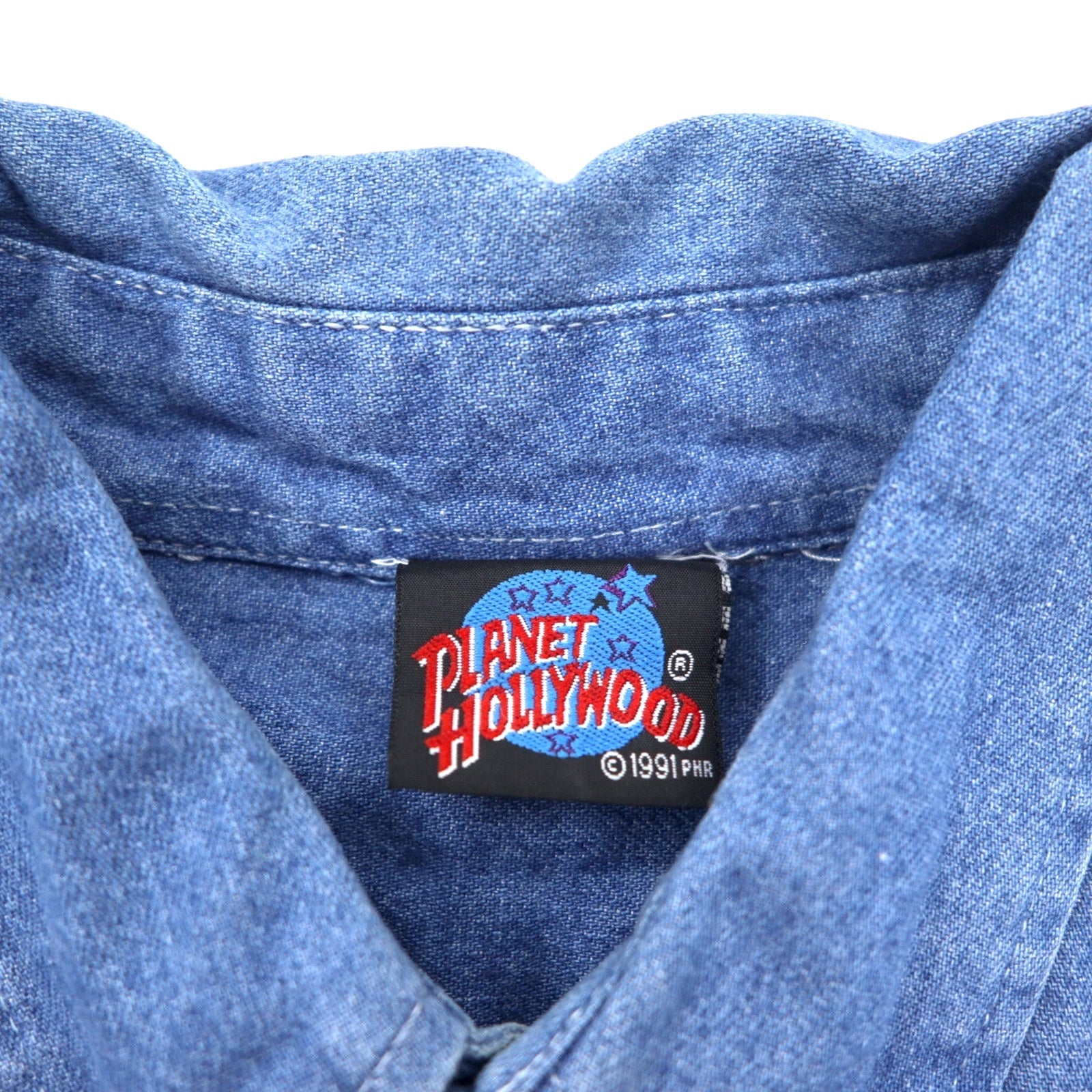 Camicia in denim PLANET HOLLYWOOD anni '90, XL, blu, cotone, abbottonata, con logo ricamato