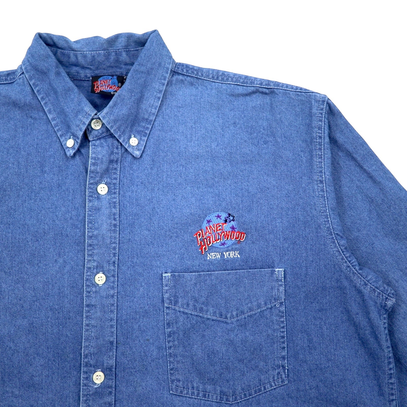 Camicia in denim PLANET HOLLYWOOD anni '90, XL, blu, cotone, abbottonata, con logo ricamato