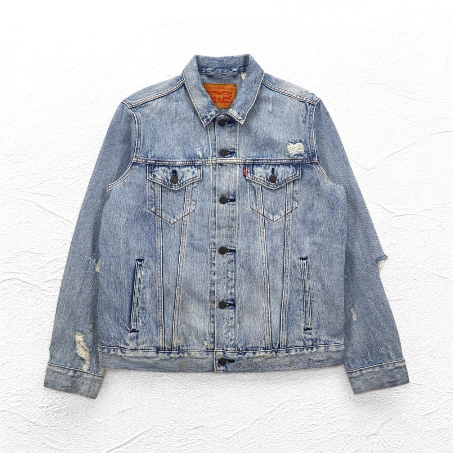 Giacca di jeans Levi's con effetto distressed, tipo 4th, giubbotto trucker, taglia L, colore indaco/blu