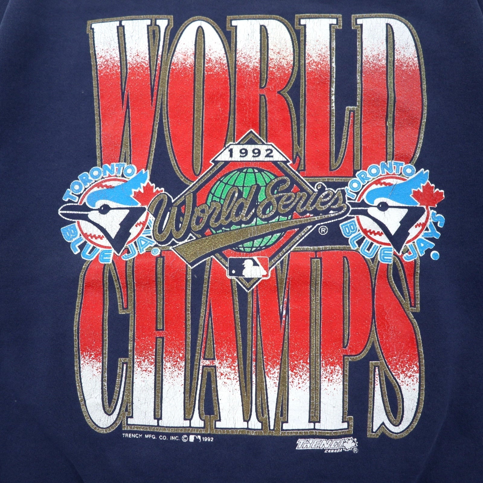 Felpa stampata baseball FRUIT OF THE LOOM anni '90, Made in Canada, taglia XL, blu navy, cotone, WORLD CHAMPS