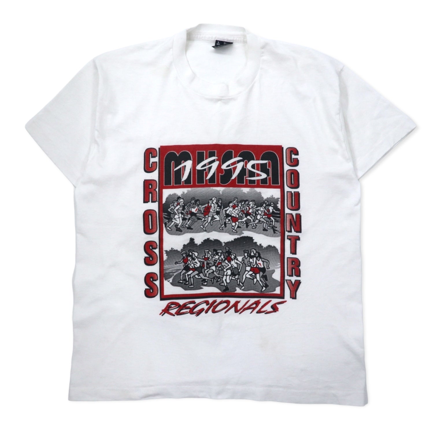 FRUIT OF THE LOOM Prodotto negli Stati Uniti Anni '90 T-shirt stampata L Bianco Cotone CROSS COUNTRY