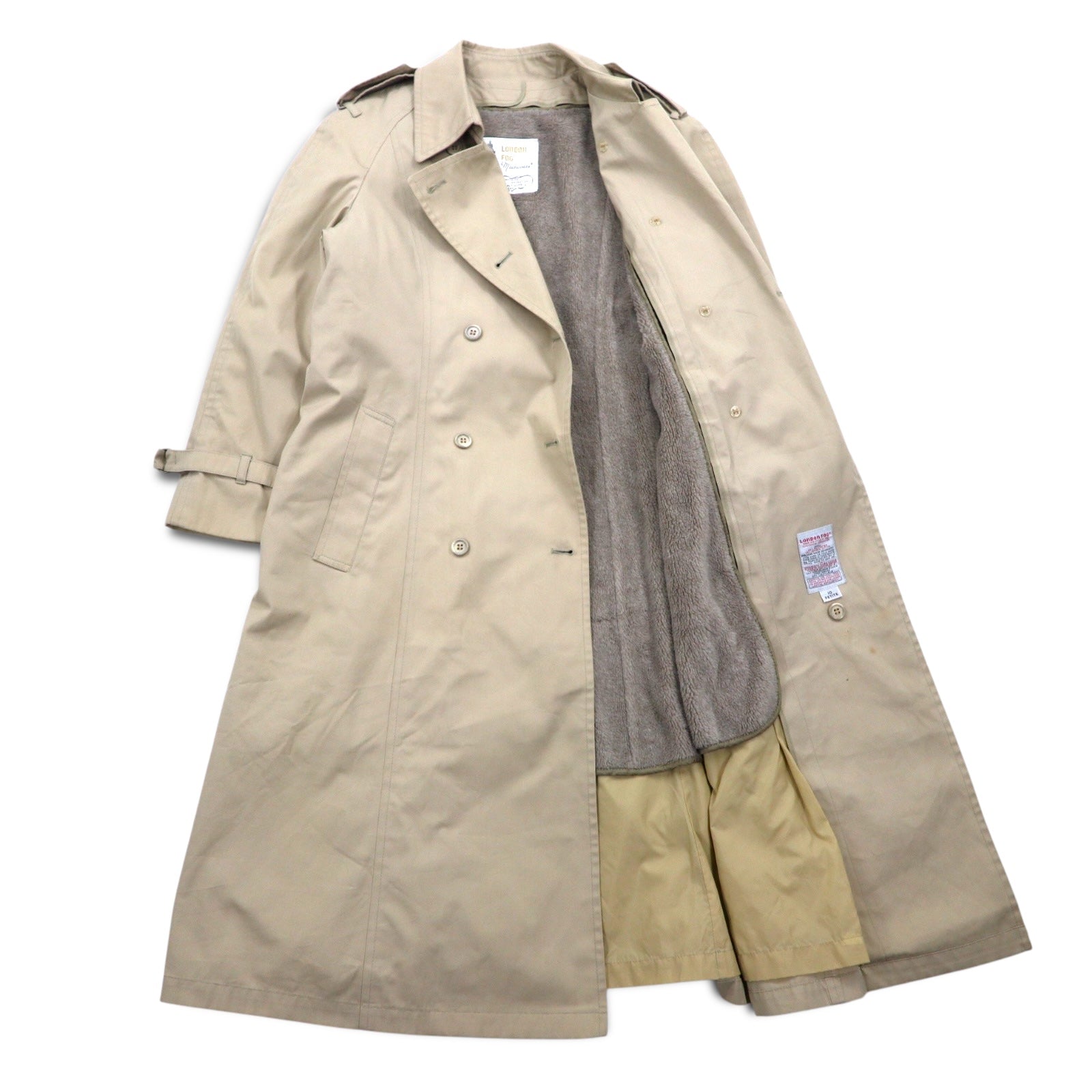 LONDON FOG anni '90 MAINCOATS trench doppiopetto taglia L beige con fodera in pelliccia sintetica removibile e cintura