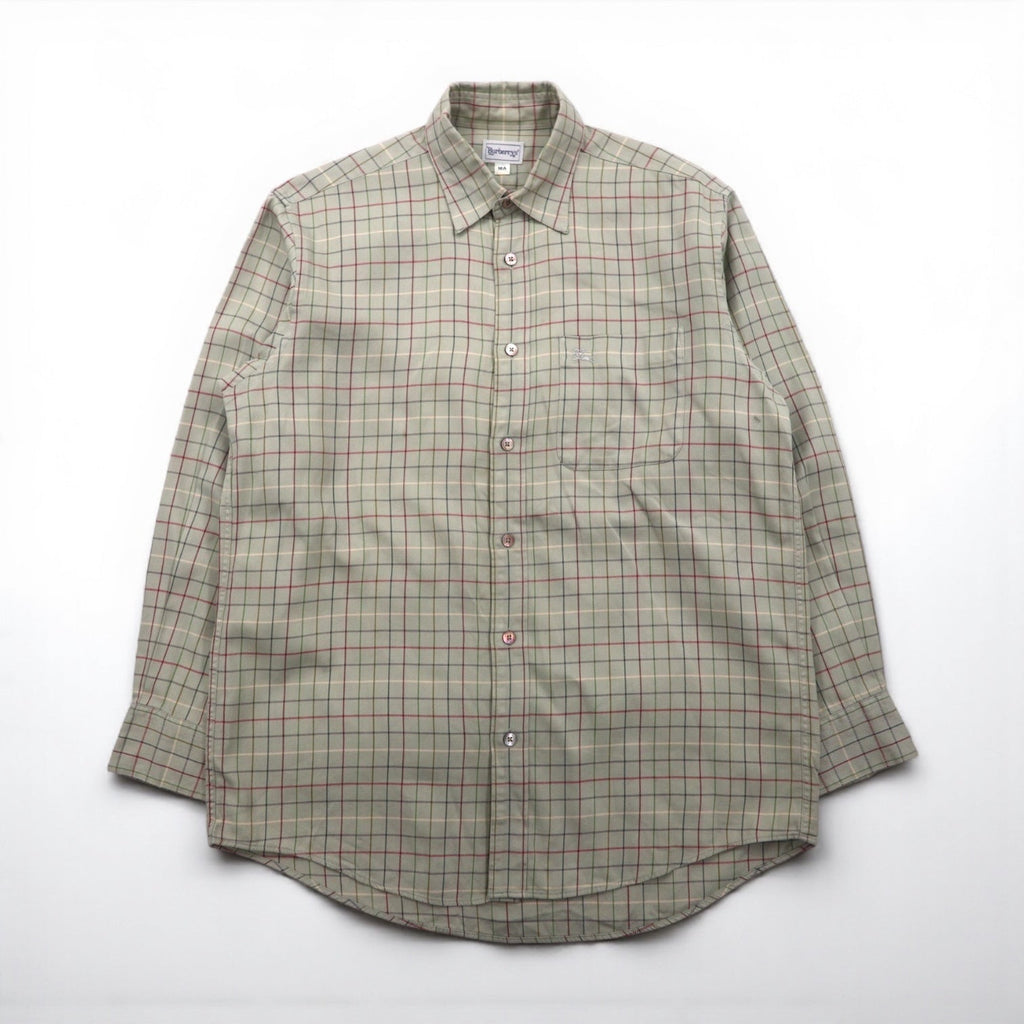 BURBERRY 90年代 長袖シャツ M ベージュ コットン チェック 胸ポケット ワンポイントロゴ 刺繍