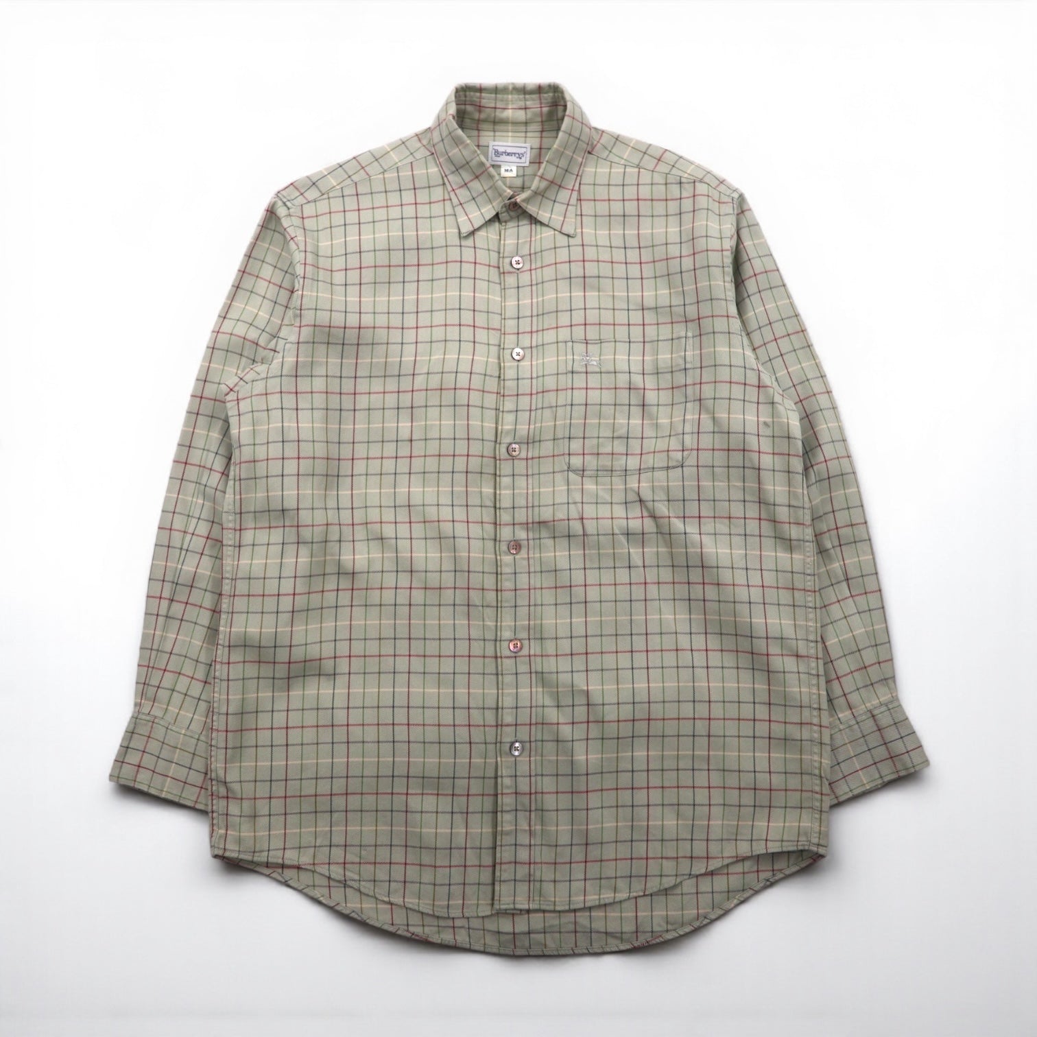 BURBERRY 90年代 長袖シャツ M ベージュ コットン チェック 胸ポケット ワンポイントロゴ 刺繍
