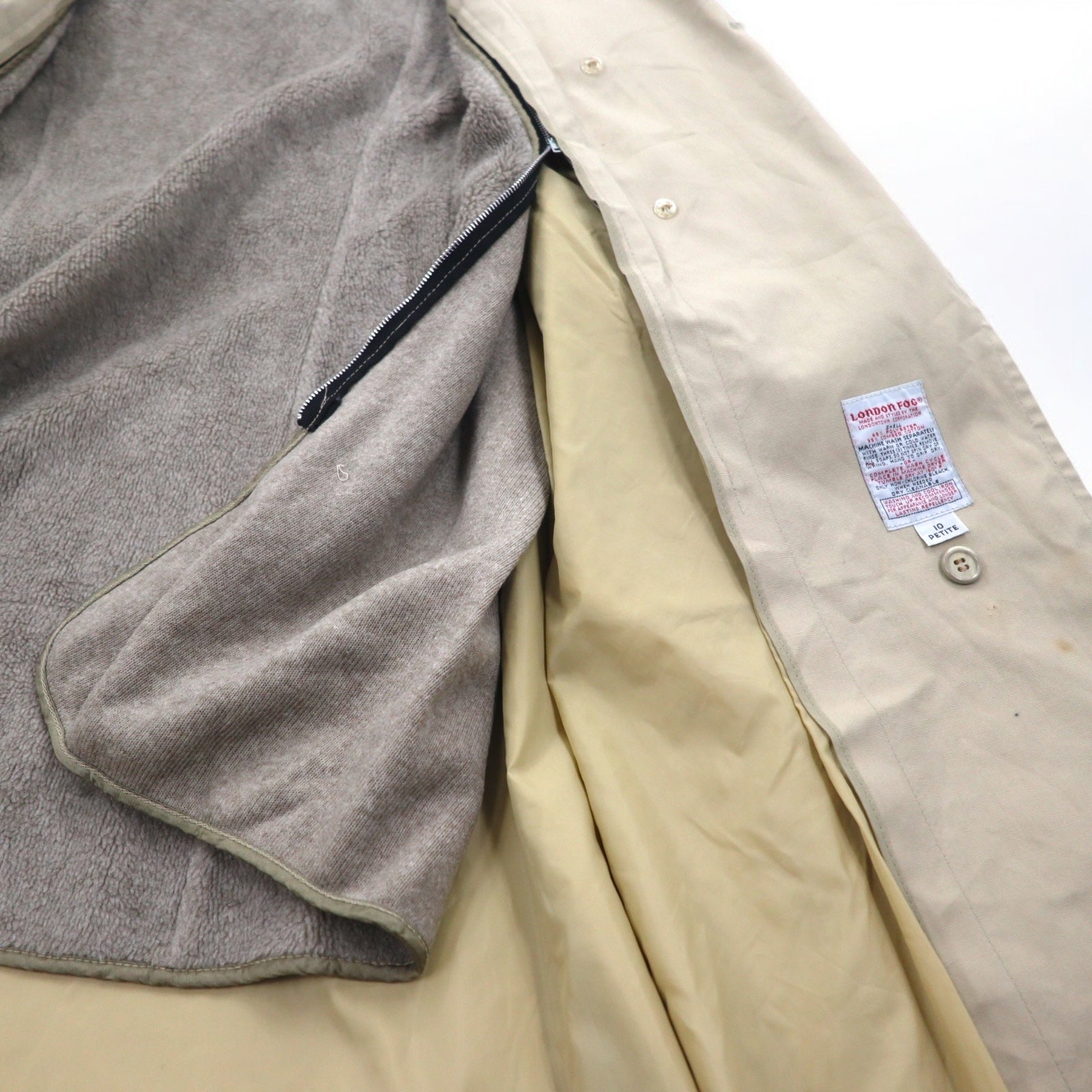 LONDON FOG anni '90 MAINCOATS trench doppiopetto taglia L beige con fodera in pelliccia sintetica removibile e cintura