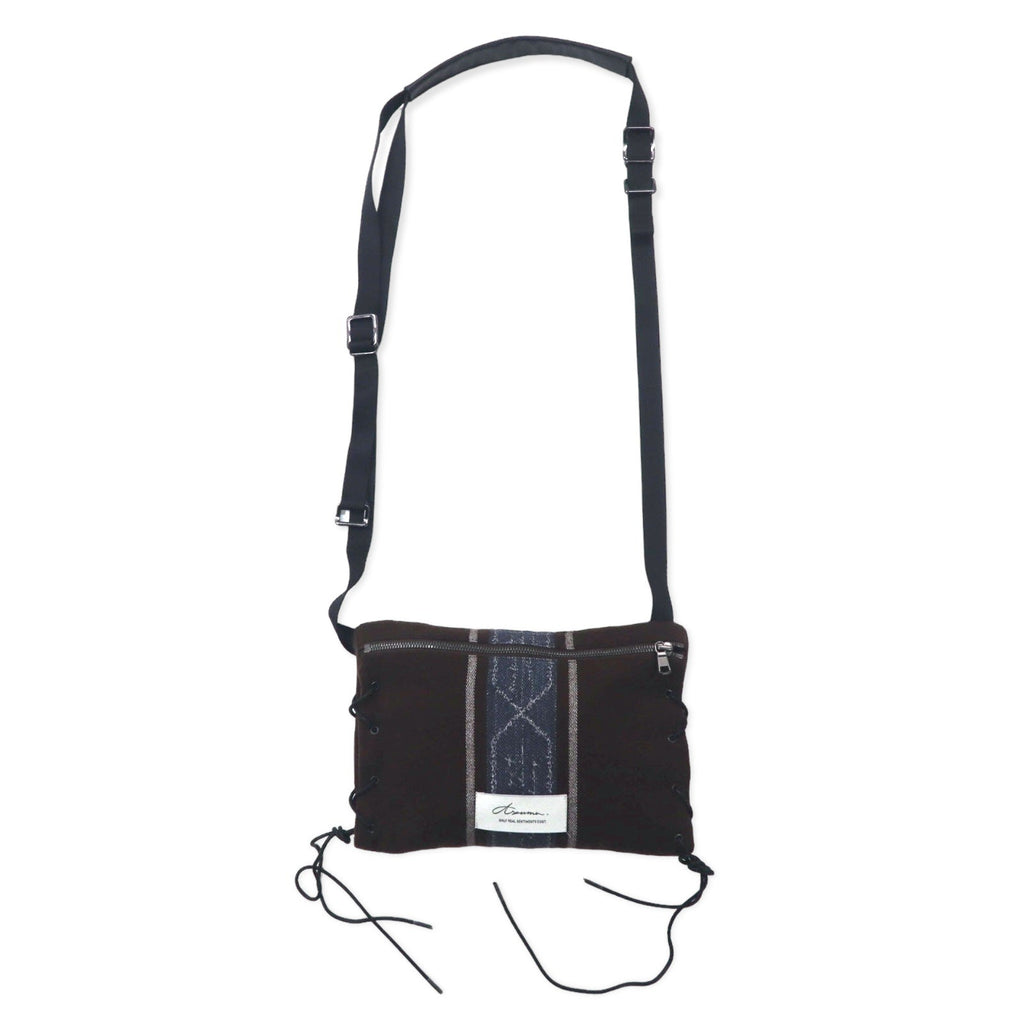 Azuma TALLIT STRIPE UTILITY SACK, borsa a tracolla marrone in lana jacquard con lacci, modello 20AH-AC-05 HAZE, prodotta in Giappone