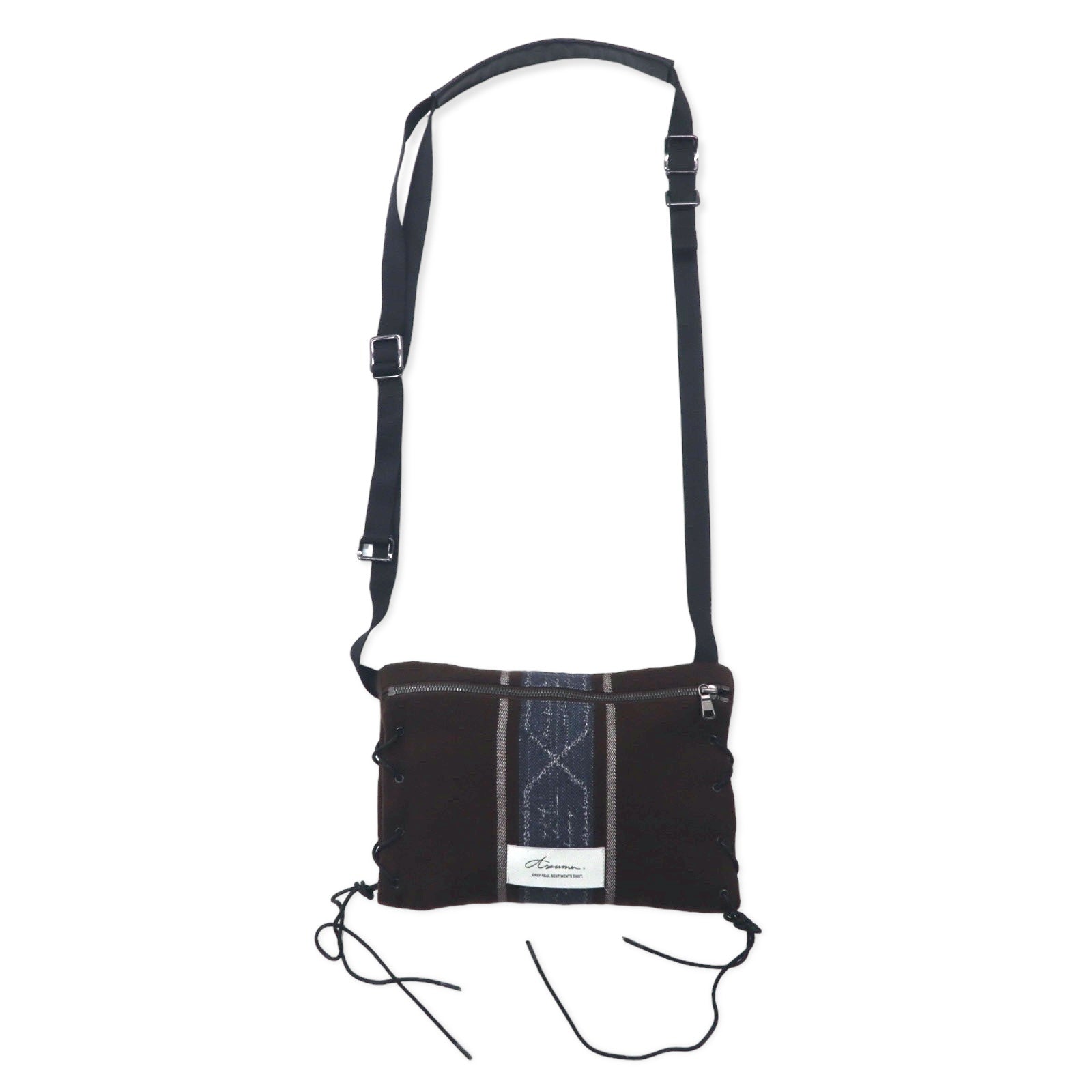 Azuma TALLIT STRIPE UTILITY SACK, borsa a tracolla marrone in lana jacquard con lacci, modello 20AH-AC-05 HAZE, prodotta in Giappone