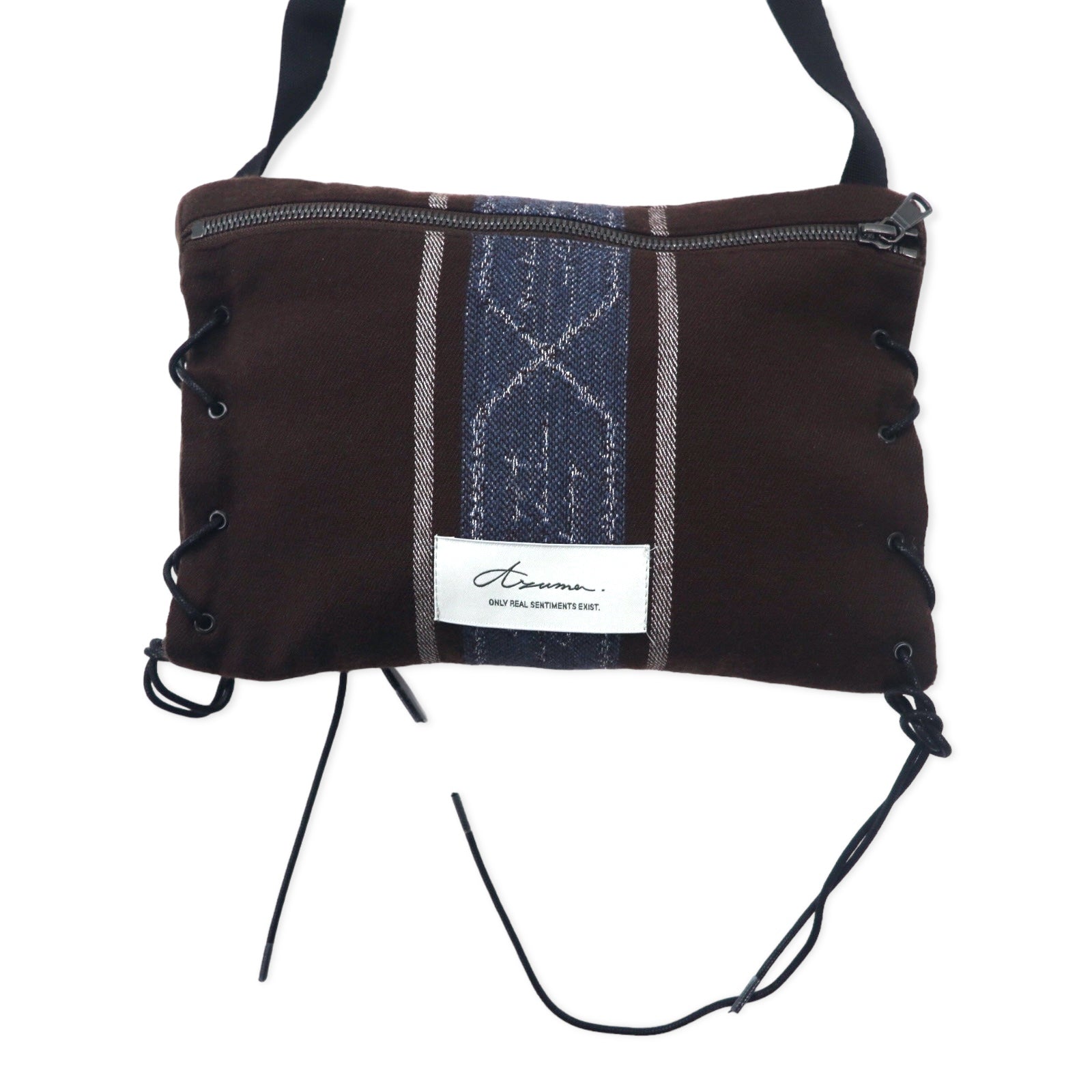 Azuma TALLIT STRIPE UTILITY SACK, borsa a tracolla marrone in lana jacquard con lacci, modello 20AH-AC-05 HAZE, prodotta in Giappone
