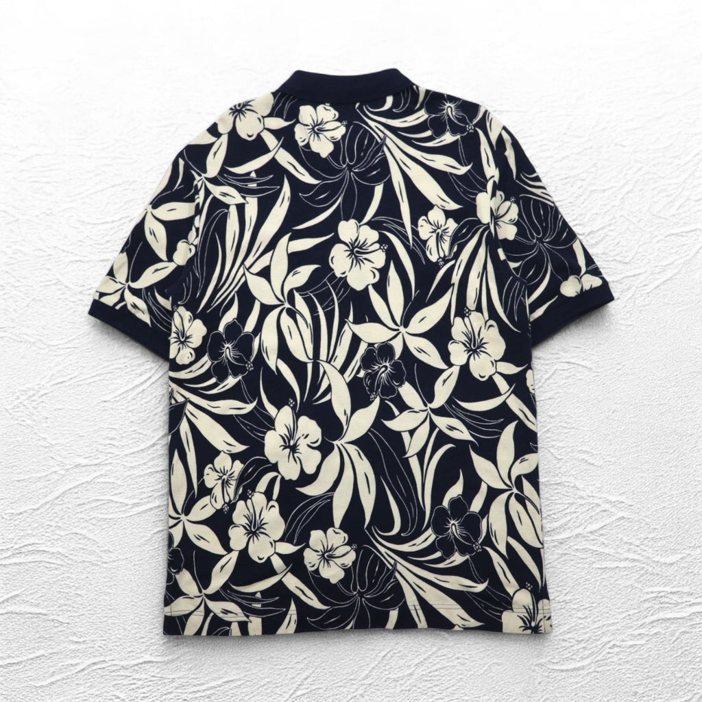 NAUTICA ポロシャツ XL ネイビー コットン 総柄 ハイビスカス 花 ビッグサイズ