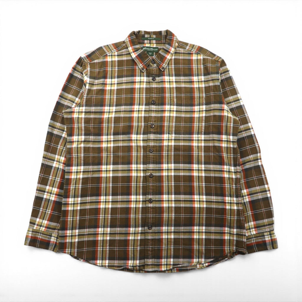 Eddie Bauer ボタンダウン フランネルシャツ L ブラウン チェック RELAXED FIT 胸ポケット 7709