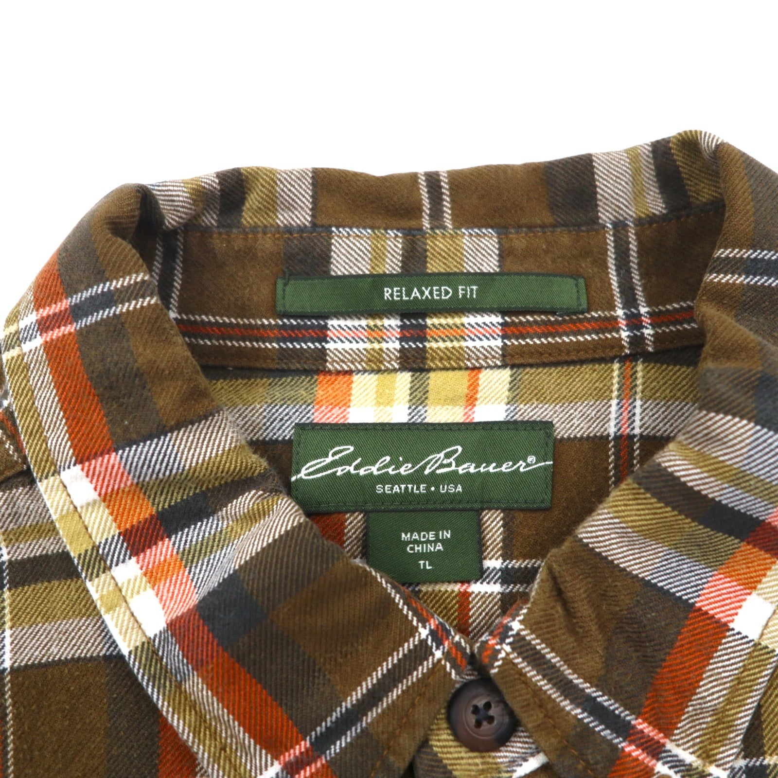 Eddie Bauer ボタンダウン フランネルシャツ L ブラウン チェック RELAXED FIT 胸ポケット 7709