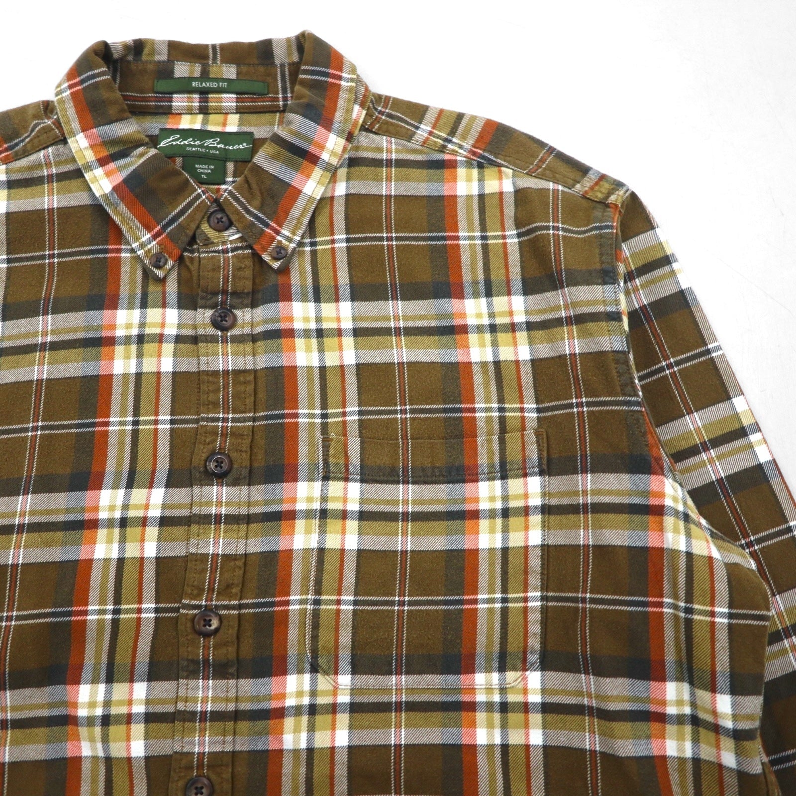 Eddie Bauer ボタンダウン フランネルシャツ L ブラウン チェック RELAXED FIT 胸ポケット 7709