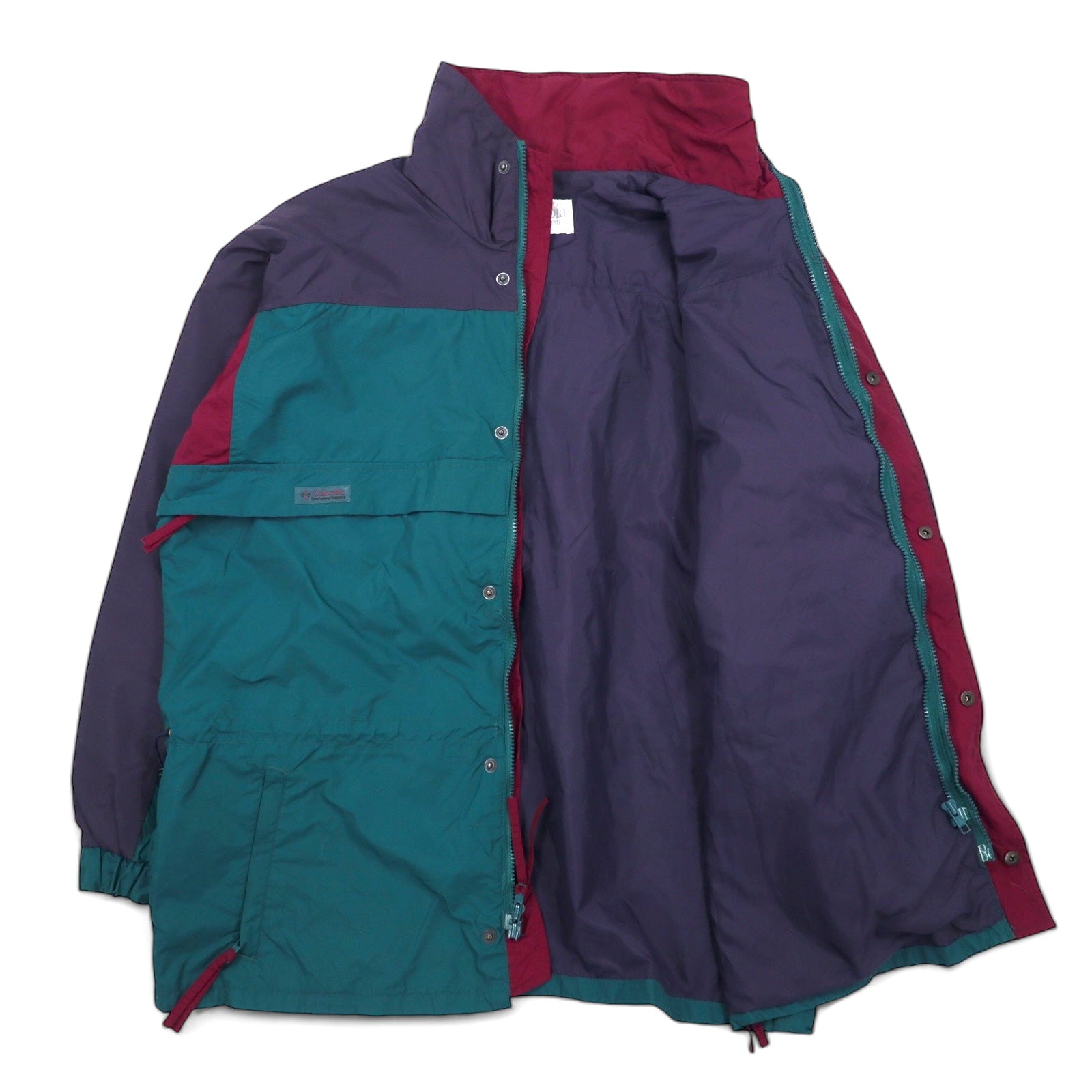 Columbia Giacca a vela anni '90, parka, taglia L, verde e viola, nylon, Radial Sleeve, coulisse, zip-in-zip, Gizzmo