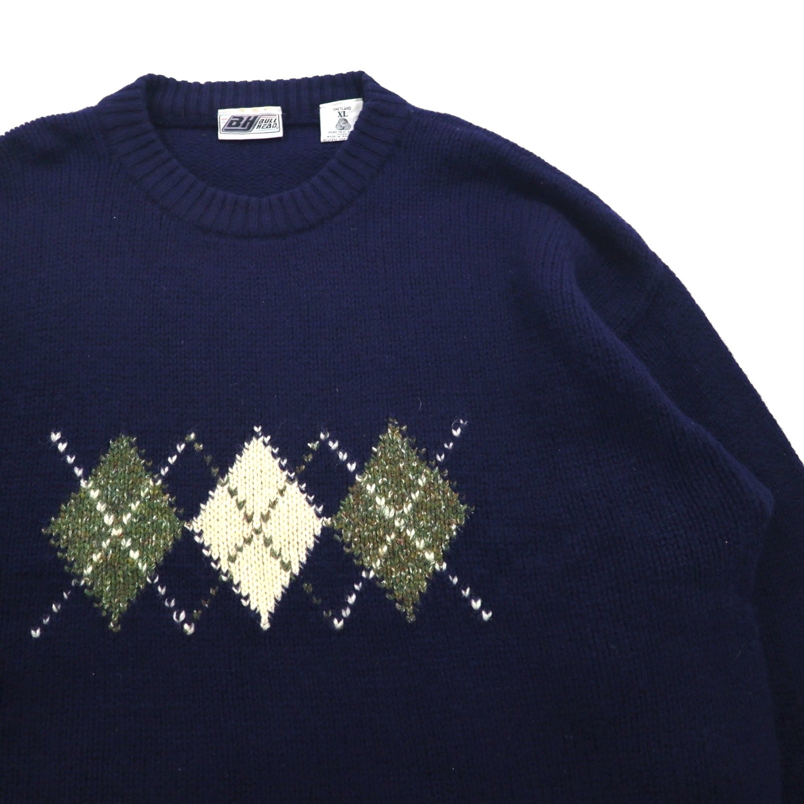 90s Vintage Shetland Wool Sweater アーガイル柄 ニット セーター XL ネイビー BULL HEAD SHETLAND 羊毛