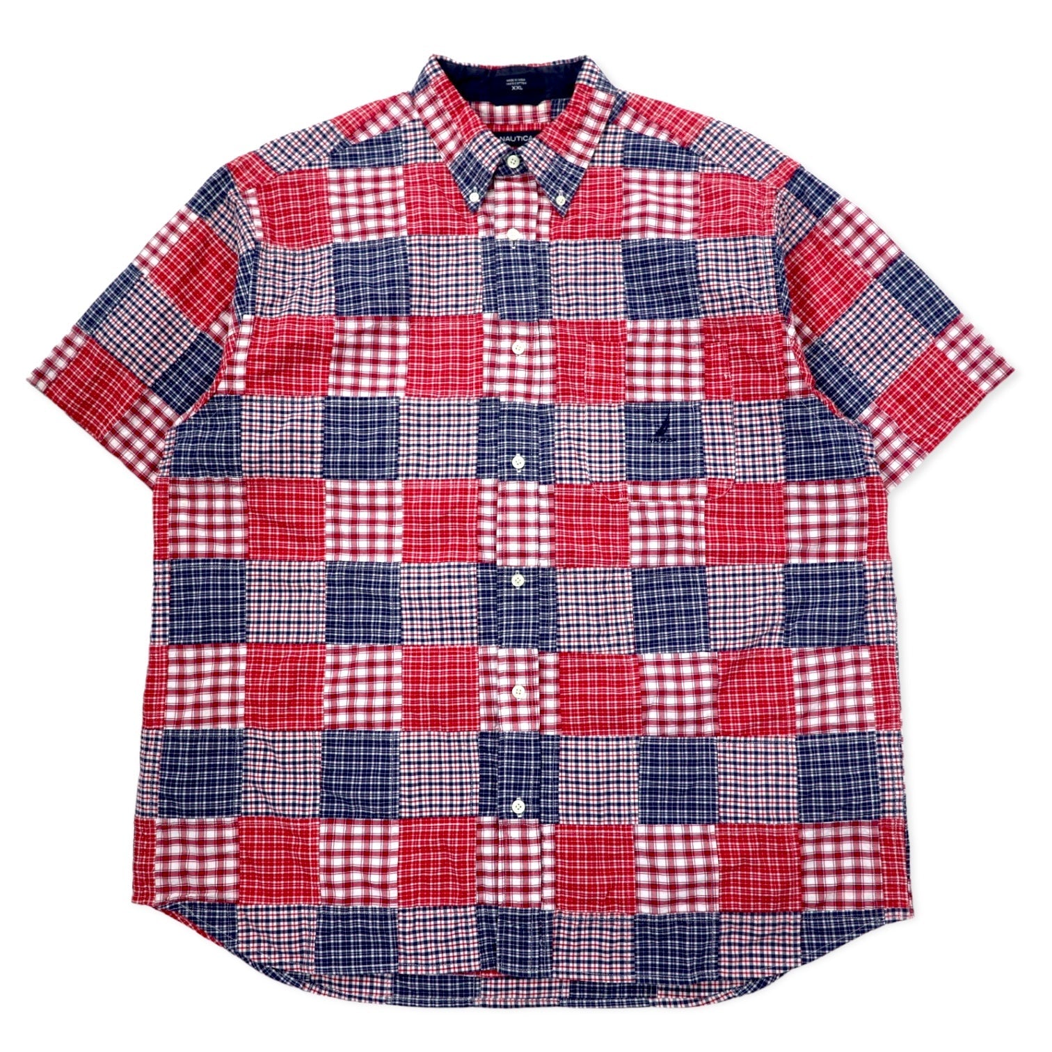 NAUTICA Camicia button-down patchwork a maniche corte XXL multicolore a quadri in cotone con logo ricamato taglia grande