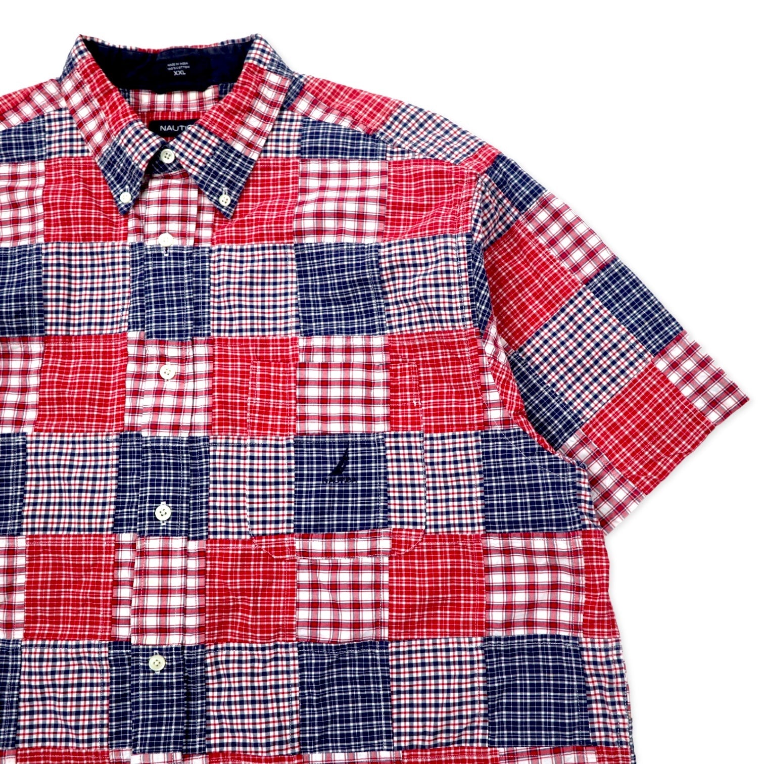 NAUTICA Camicia button-down patchwork a maniche corte XXL multicolore a quadri in cotone con logo ricamato taglia grande