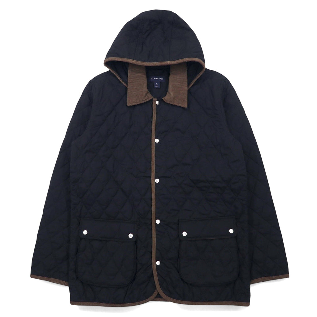 LANDS' END Giacca trapuntata L Nera Poliestere Cappuccio rimovibile Collo in velluto a coste