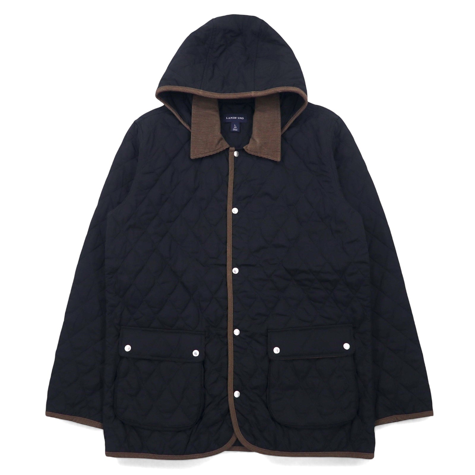 LANDS' END Giacca trapuntata L Nera Poliestere Cappuccio rimovibile Collo in velluto a coste