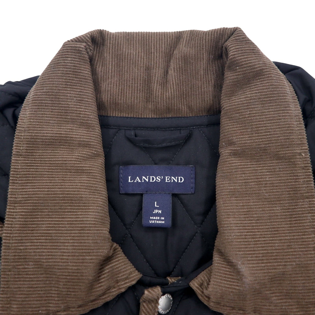 LANDS' END Giacca trapuntata L Nera Poliestere Cappuccio rimovibile Collo in velluto a coste