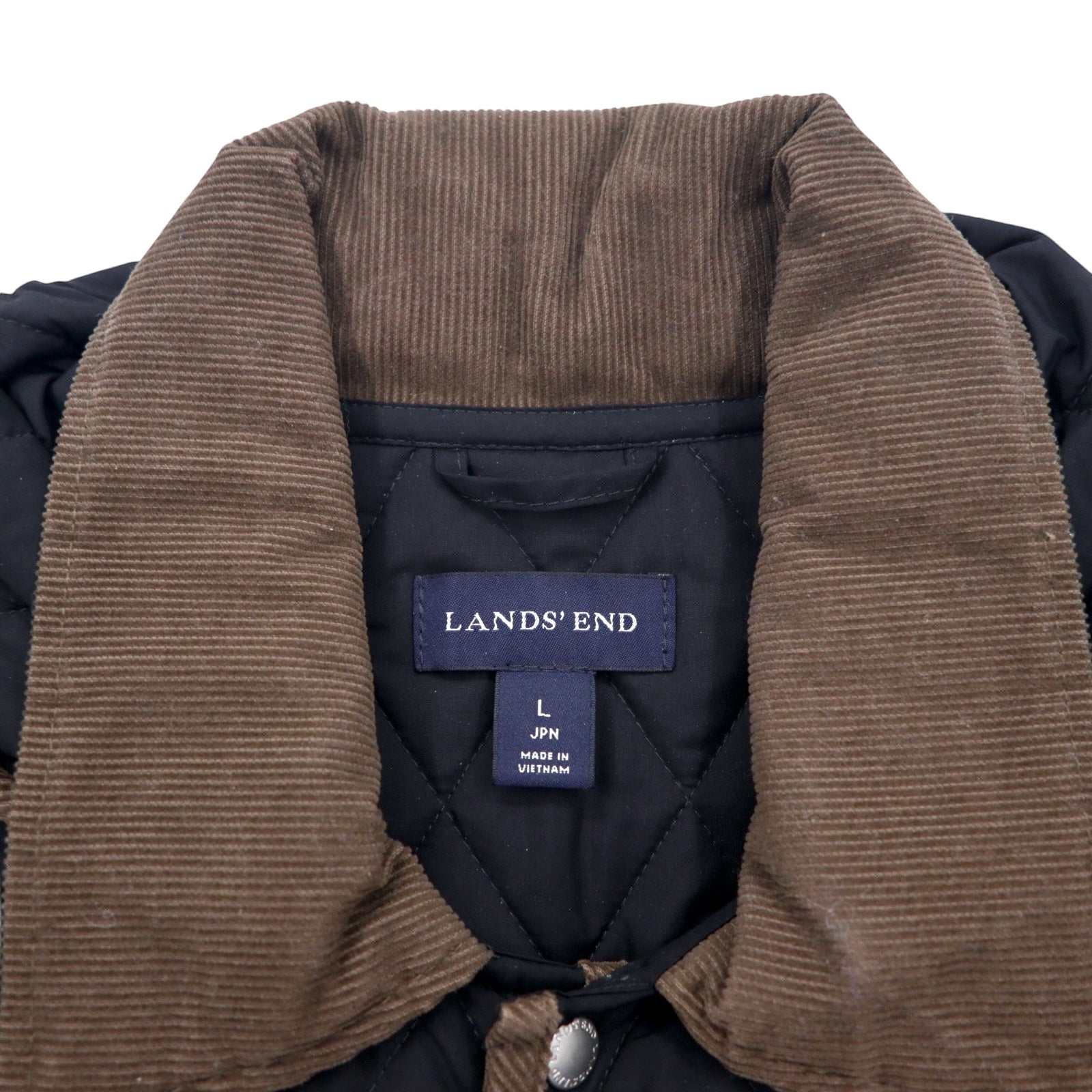LANDS' END Giacca trapuntata L Nera Poliestere Cappuccio rimovibile Collo in velluto a coste