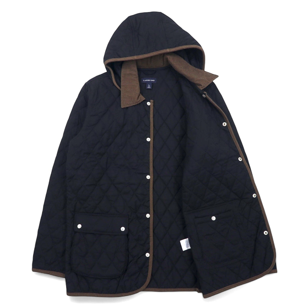 LANDS' END Giacca trapuntata L Nera Poliestere Cappuccio rimovibile Collo in velluto a coste