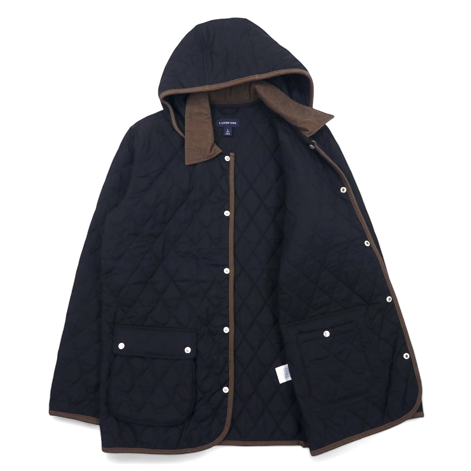 LANDS' END Giacca trapuntata L Nera Poliestere Cappuccio rimovibile Collo in velluto a coste