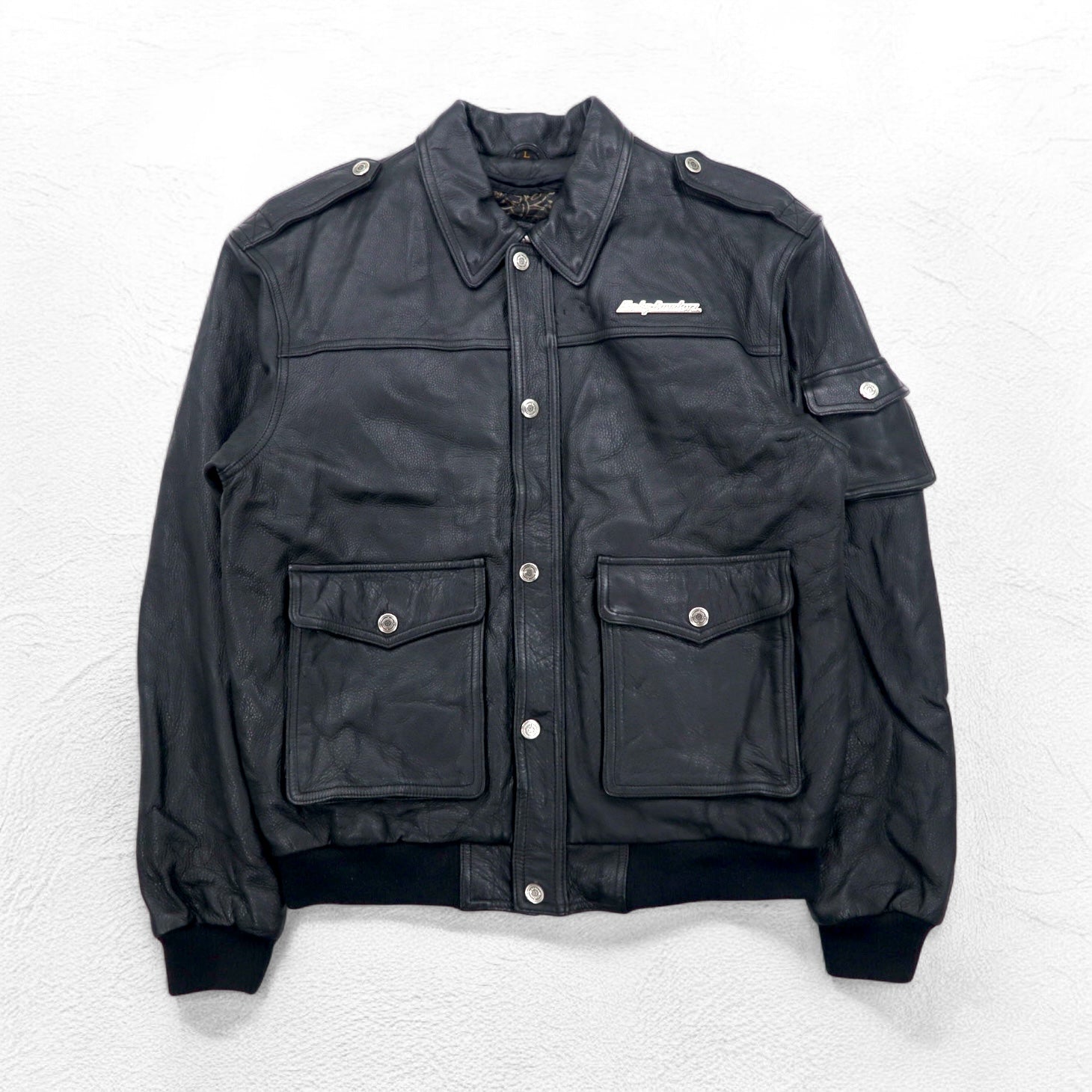 HARLEY DAVIDSON Giacca da volo A-2 in pelle stile bomber militare da motociclista, taglia L, nera, pelle a grana, fodera rimovibile, spalline