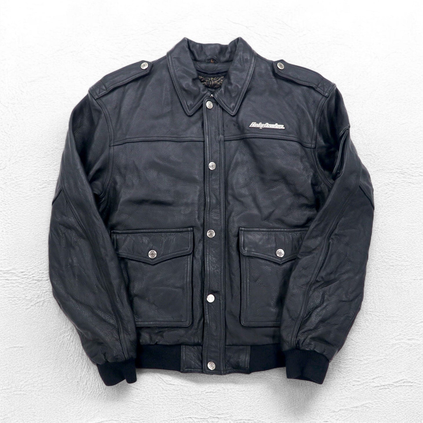 HARLEY DAVIDSON Giacca da volo A-2 in pelle stile bomber militare da motociclista, taglia L, nera, pelle a grana, fodera rimovibile, spalline