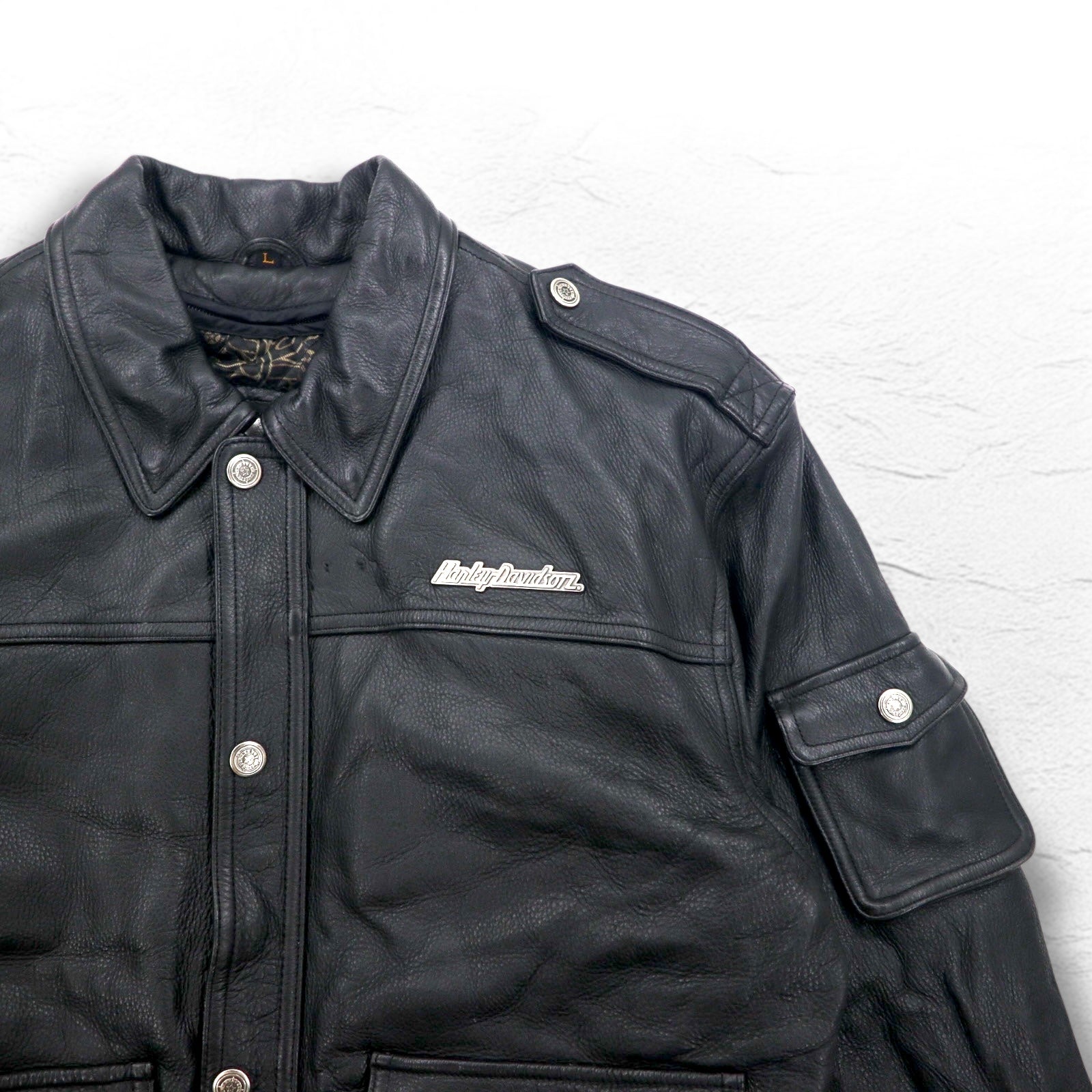 HARLEY DAVIDSON Giacca da volo A-2 in pelle stile bomber militare da motociclista, taglia L, nera, pelle a grana, fodera rimovibile, spalline