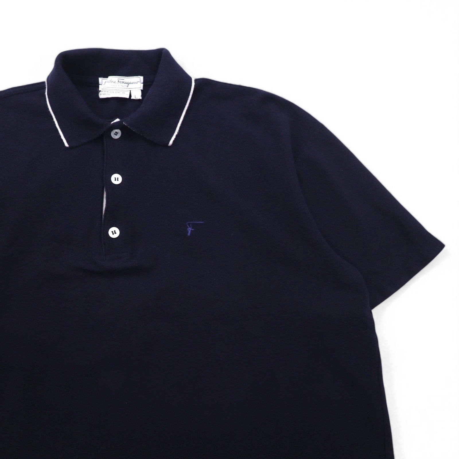 Salvatore Ferragamo Polo a maniche corte in cotone taglio ampio, taglia L, blu navy, con ricamo logo a punto singolo, Prodotto in Italia