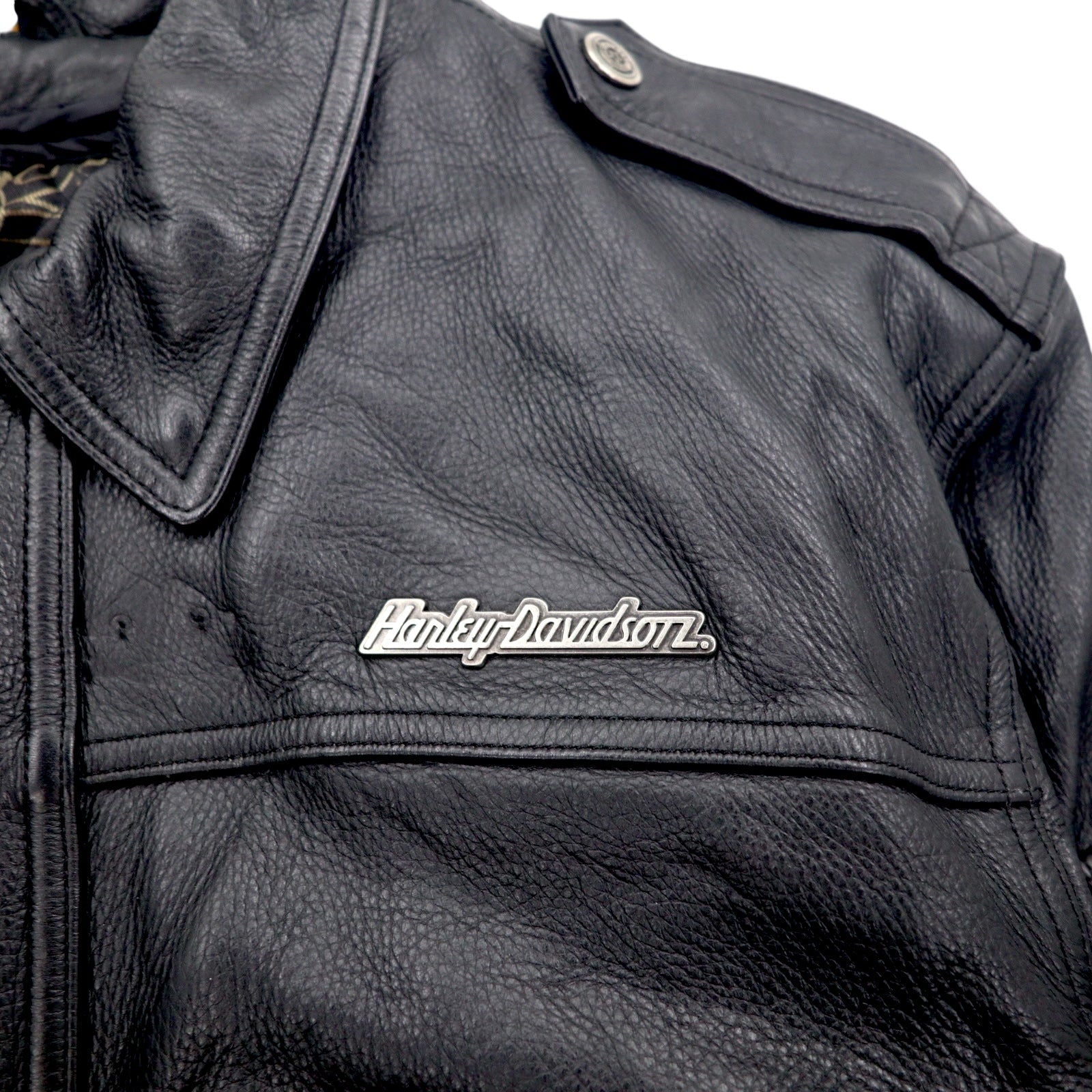 HARLEY DAVIDSON Giacca da volo A-2 in pelle stile bomber militare da motociclista, taglia L, nera, pelle a grana, fodera rimovibile, spalline