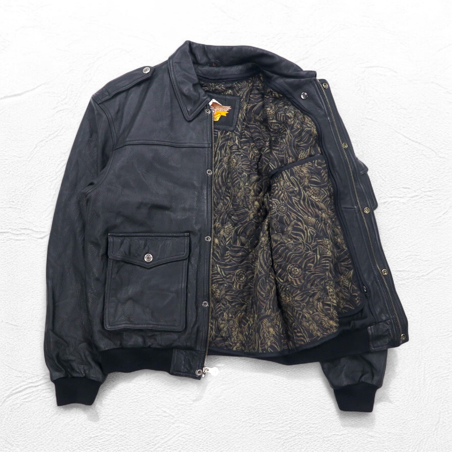 HARLEY DAVIDSON Giacca da volo A-2 in pelle stile bomber militare da motociclista, taglia L, nera, pelle a grana, fodera rimovibile, spalline