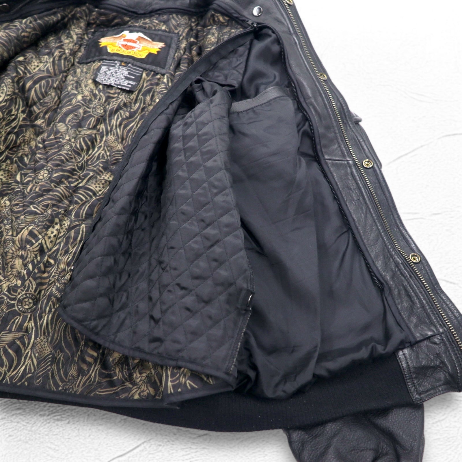 HARLEY DAVIDSON Giacca da volo A-2 in pelle stile bomber militare da motociclista, taglia L, nera, pelle a grana, fodera rimovibile, spalline