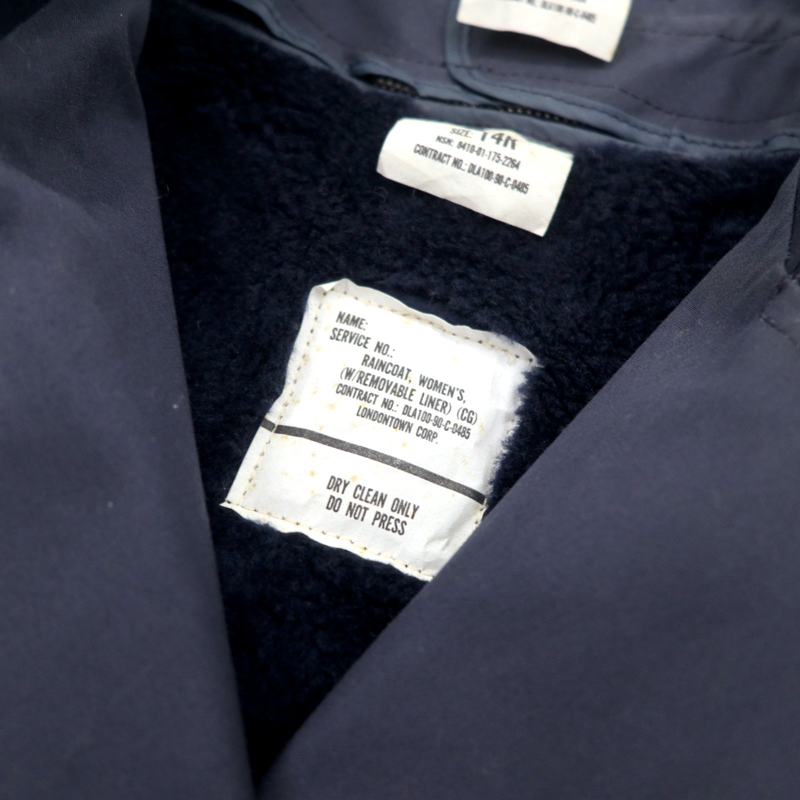 Anni '90, US NAVY, Esercito americano, cappotto per tutte le stagioni, trench coat, 14R, blu navy, poliestere cotone, fodera rimovibile, con cintura, militare, 8410-01-175-2264 RAIN COAT WOMEN'S LONDONTOWN CORP