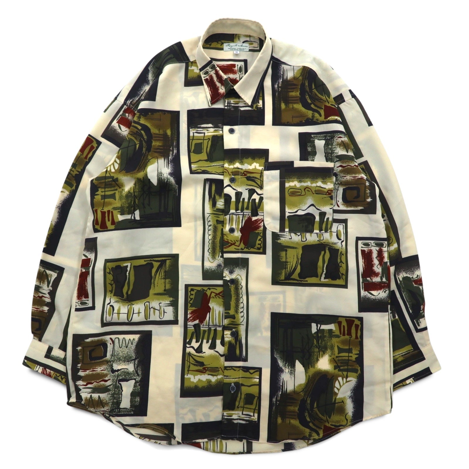 Camicia vintage anni '90, stile retrò, Royal Honey, in poliestere, taglia M, beige, fantasia all-over, arte