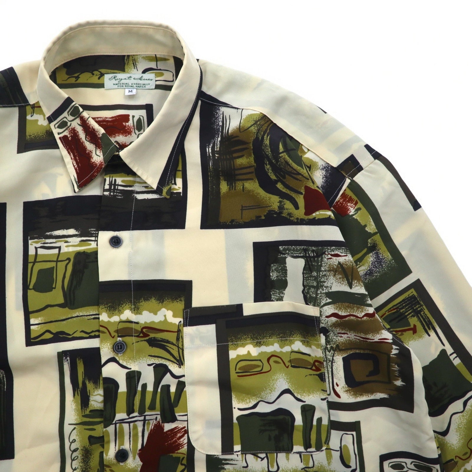 Camicia vintage anni '90, stile retrò, Royal Honey, in poliestere, taglia M, beige, fantasia all-over, arte