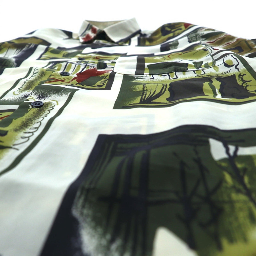 Camicia vintage anni '90, stile retrò, Royal Honey, in poliestere, taglia M, beige, fantasia all-over, arte