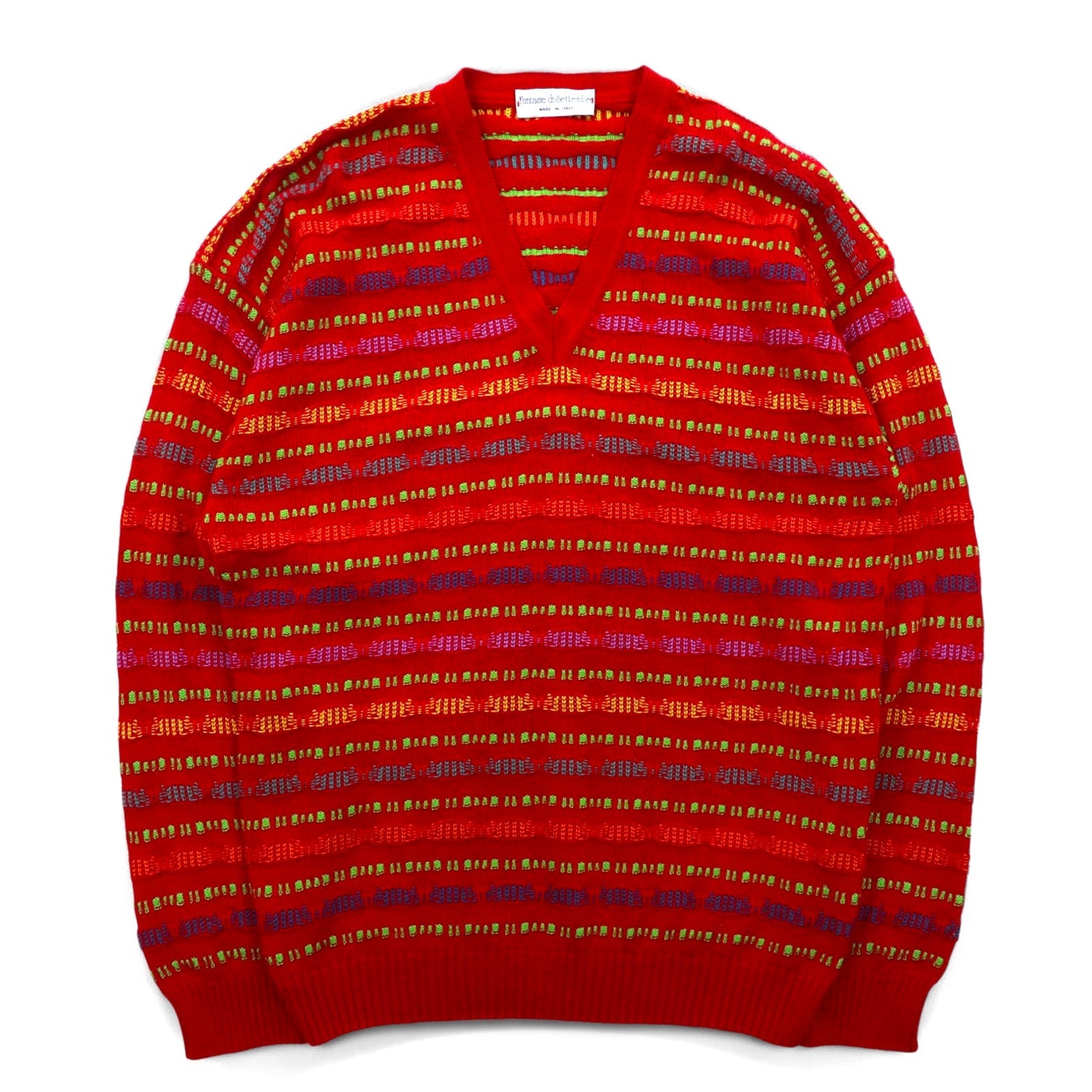Fantasie di Settembre Made in Italy Anni '90 Scollo a V Maglione in maglia 3D L Rosso Fantasia a righe