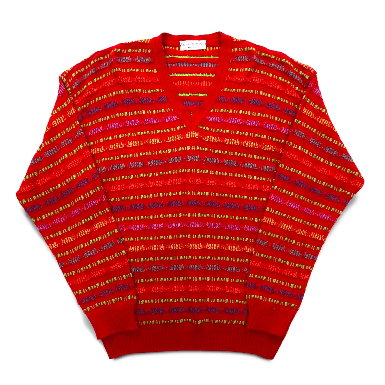 Fantasie di Settembre Made in Italy Anni '90 Scollo a V Maglione in maglia 3D L Rosso Fantasia a righe