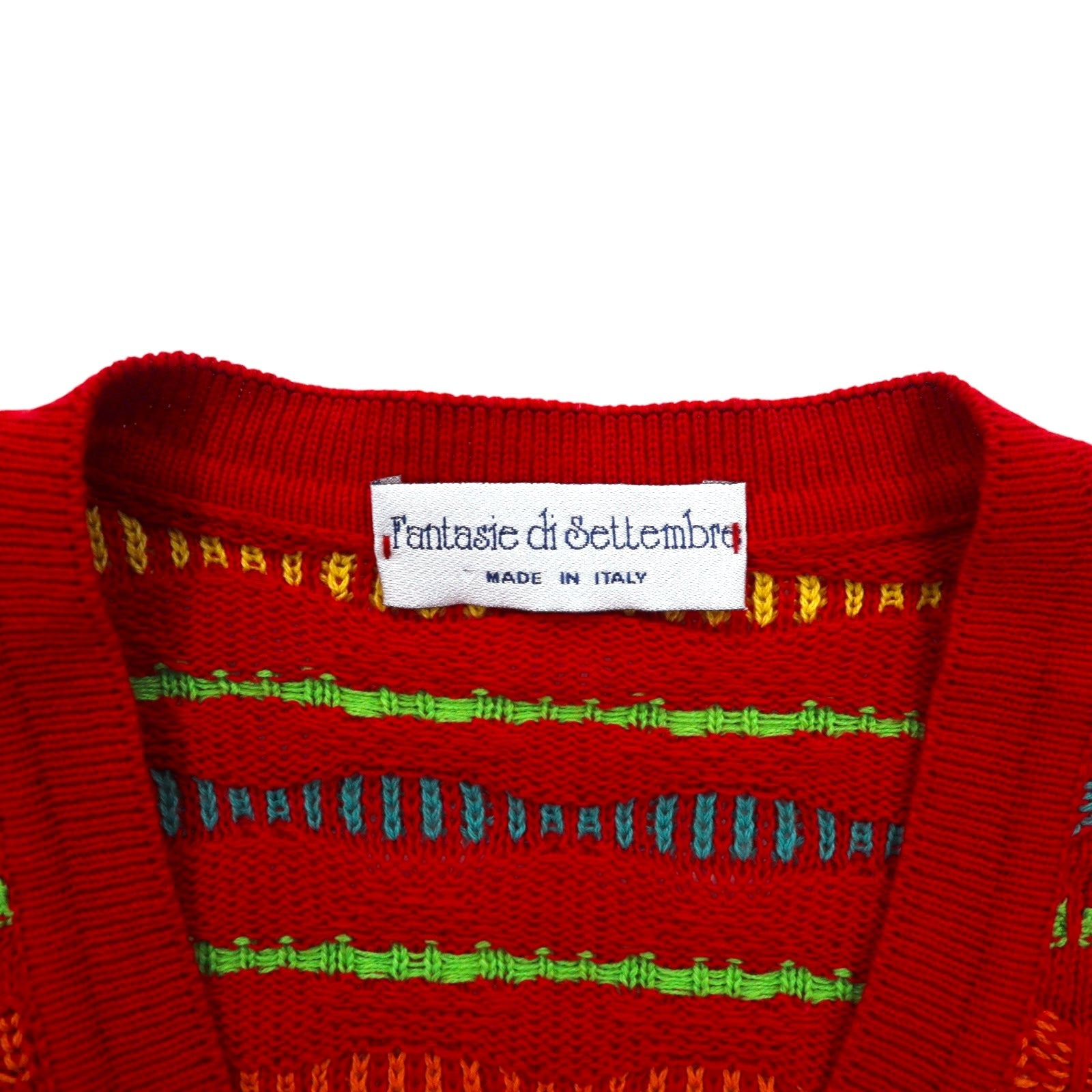 Fantasie di Settembre Made in Italy Anni '90 Scollo a V Maglione in maglia 3D L Rosso Fantasia a righe